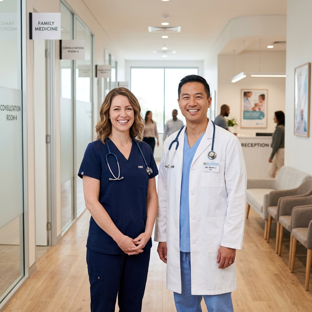 Two doctors at Cranbourne West Medical Centre — one with stethoscope